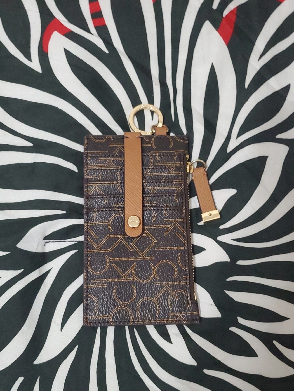 Calvin Klein Brown Monogram Zip 10 Card Holder Key Ring